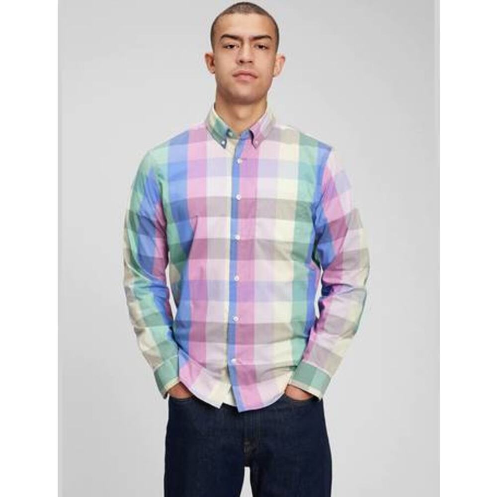 Gap Poplin Button Down Shirt Multicolor Plaid Collared Long Sleeve Size XXL NWT